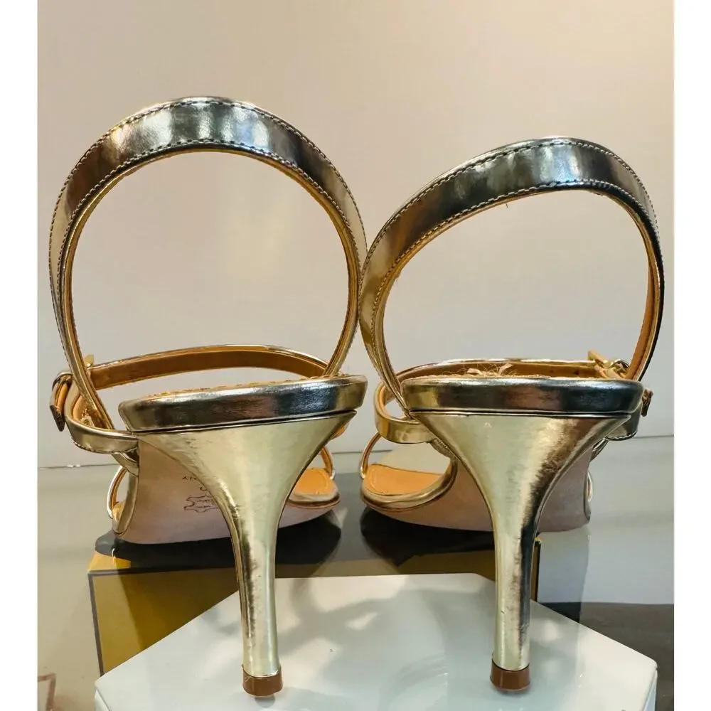 TORY BURCH Gold Penelope Slingback Leather Buckle Charm Heels NEW Sz. 10